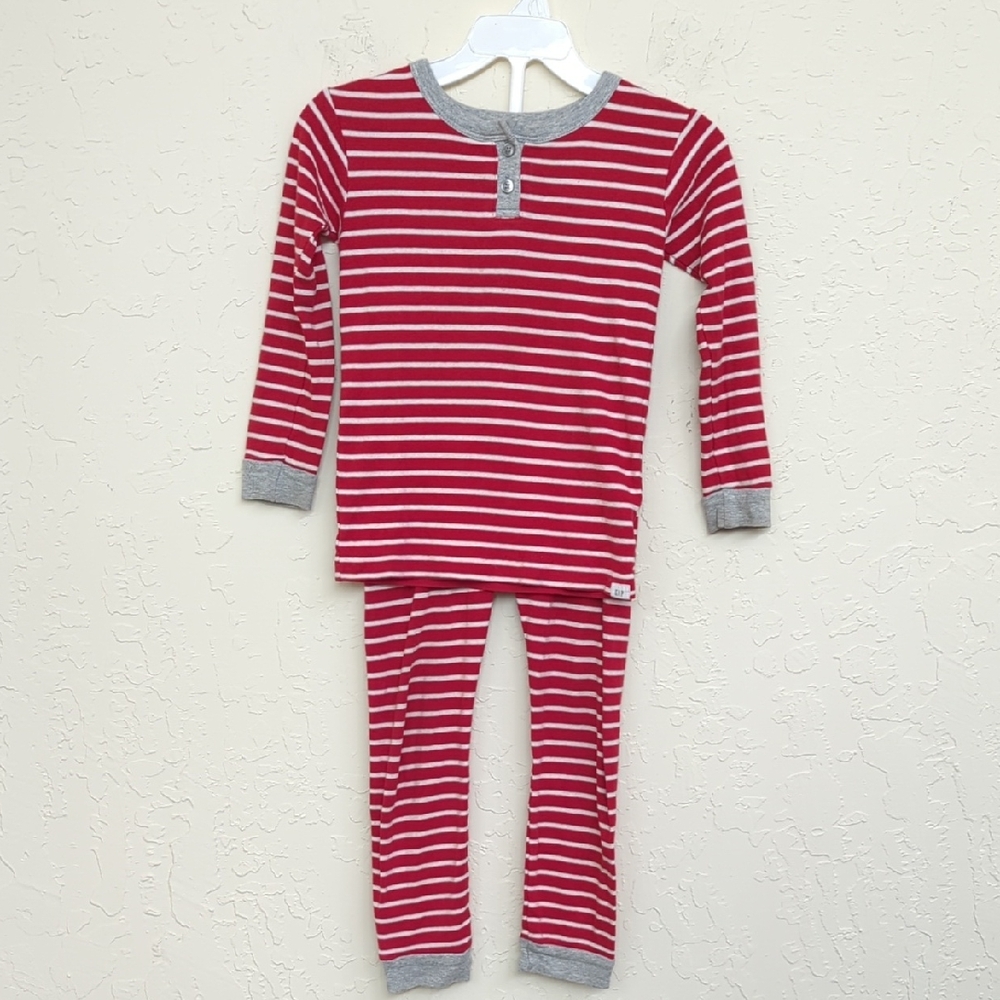 GAP Kids Red and Gray Striped Long Sleeve Henley Top and Pants Pajama Set Size 4